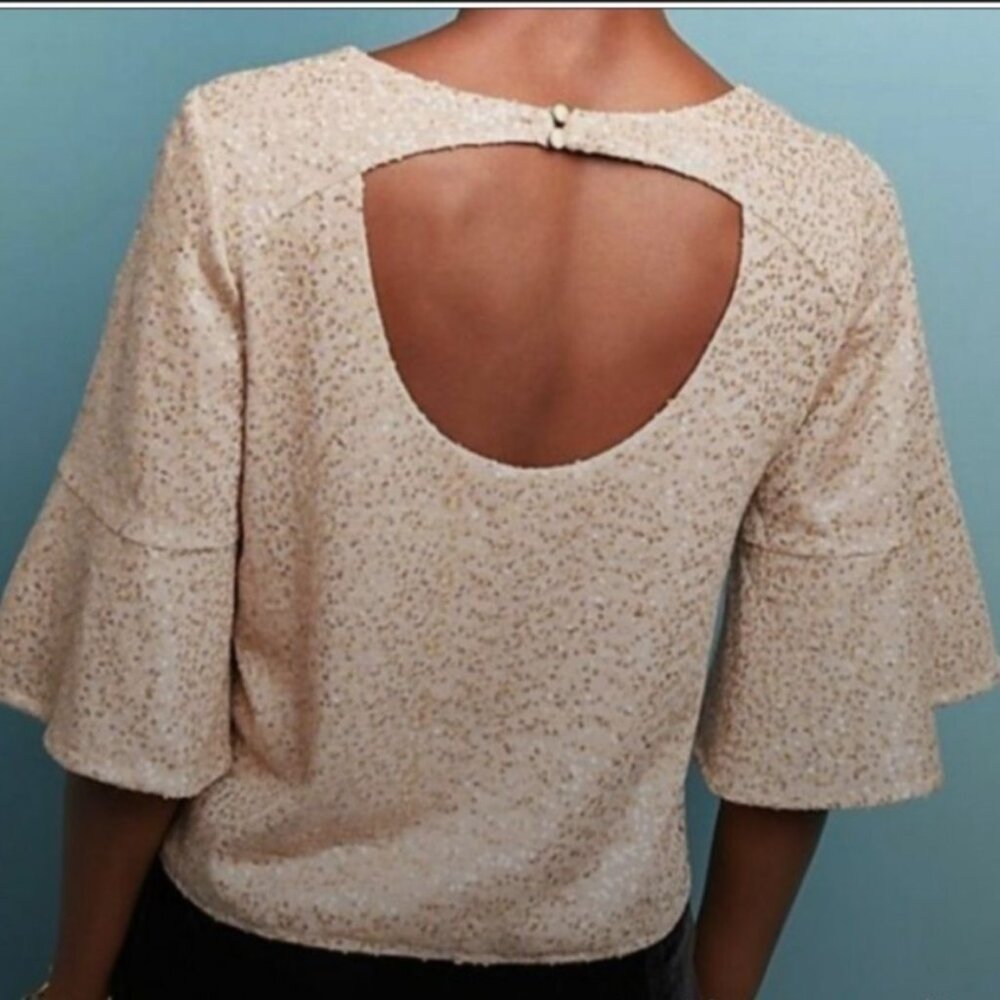 Anthropologie Reath & Wren Top S Champagne Gold Sequin Boxy Flutter Sleeve NEW - Picture 2 of 10
